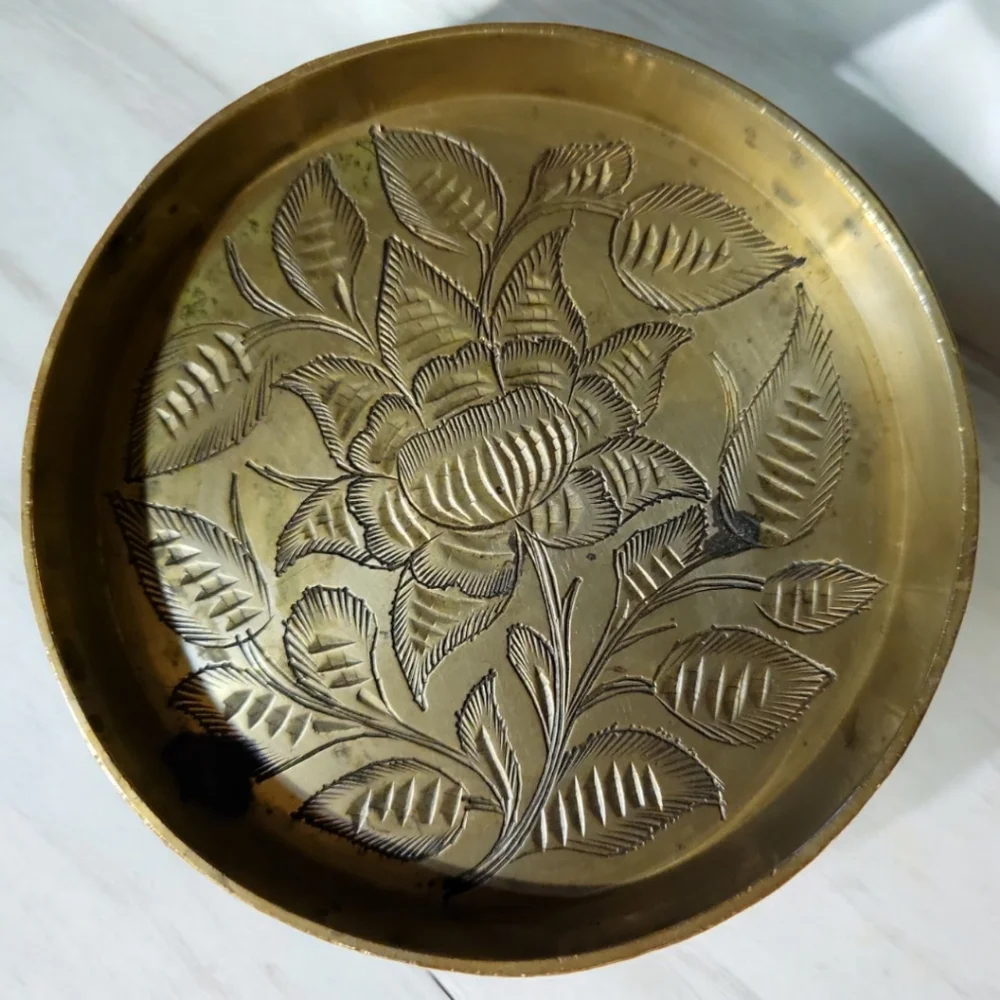 Vtg 70's Handcrafted India Floral Etched Brass Drink Coaster (#1)